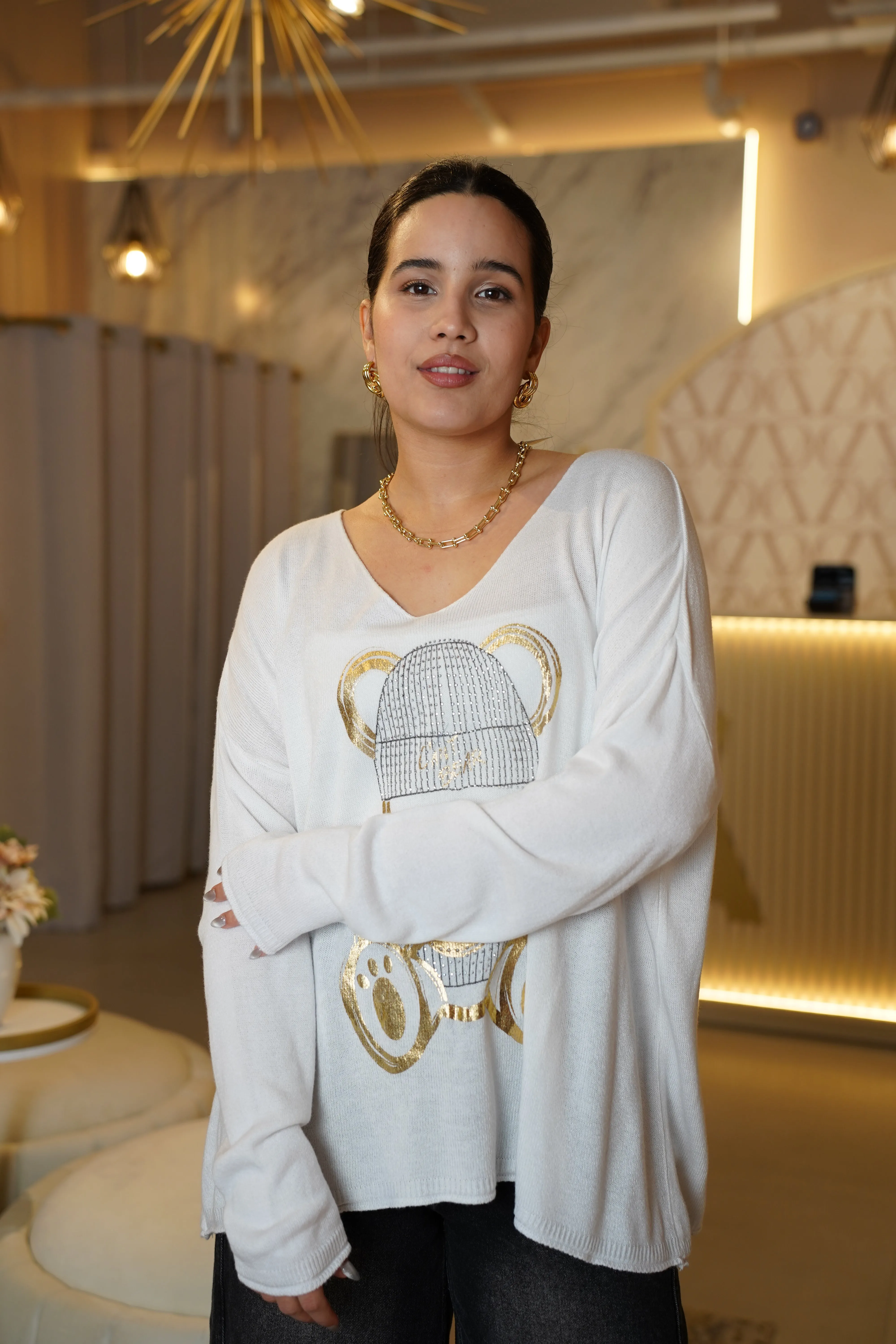 Gracie Bear Sweater – Cozy Meets Cute in Metallic Gold