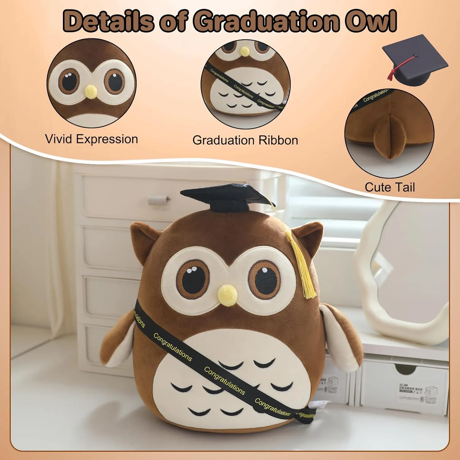 Graduation Brown Owl Stuffed Animals, Lovely Owl Plush Graduation Gifts with Grad Cap Sash Decorations for Boys Girls