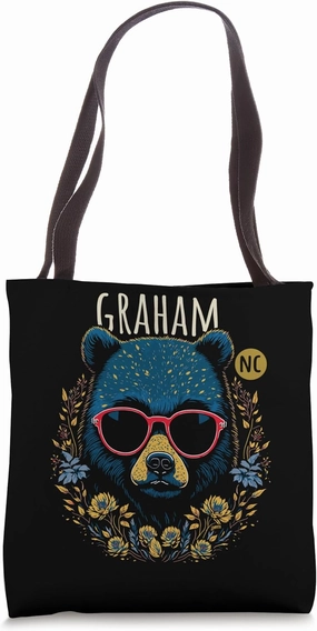 Graham NC Fun Bear Wearing Glasses Flowers Design Tote Bag