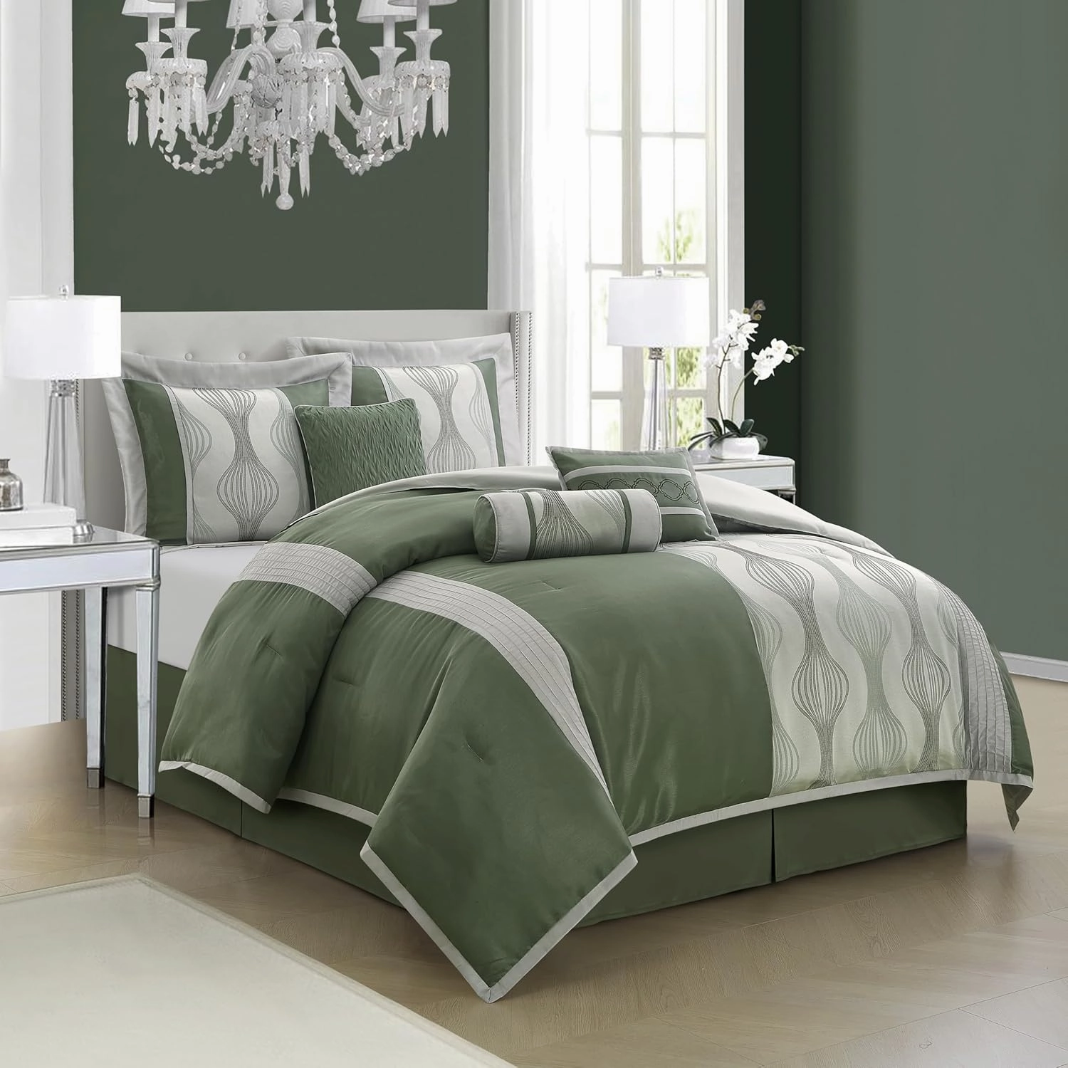 Grand Avenue 7 Piece Green Comforter Set, King Size Jacquard Bedding Set, All Season Geometric Patchwork Bedding Set, Matching Pillows, Shams, Bed Skirt