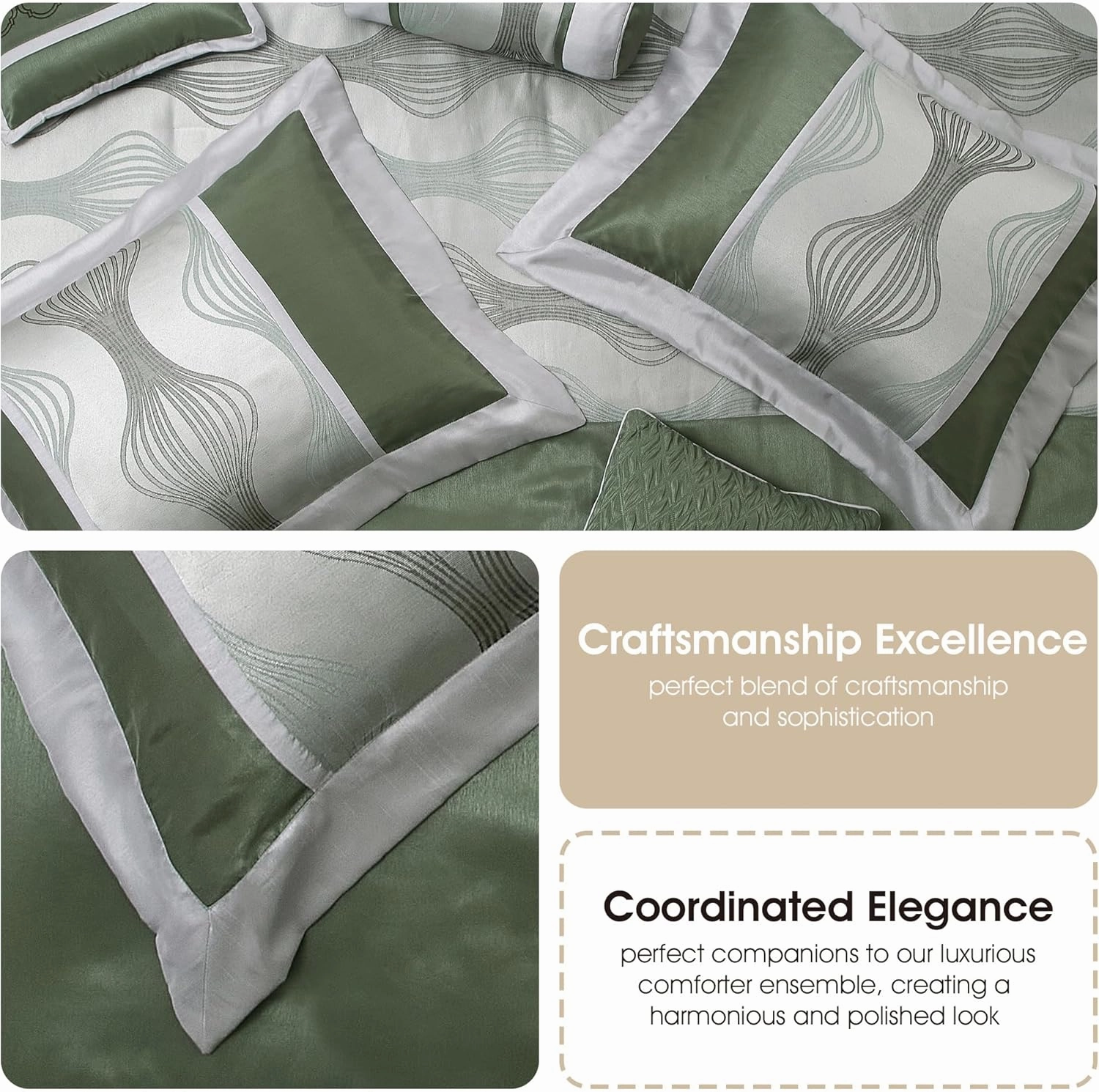 Grand Avenue 7 Piece Green Comforter Set, King Size Jacquard Bedding Set, All Season Geometric Patchwork Bedding Set, Matching Pillows, Shams, Bed Skirt