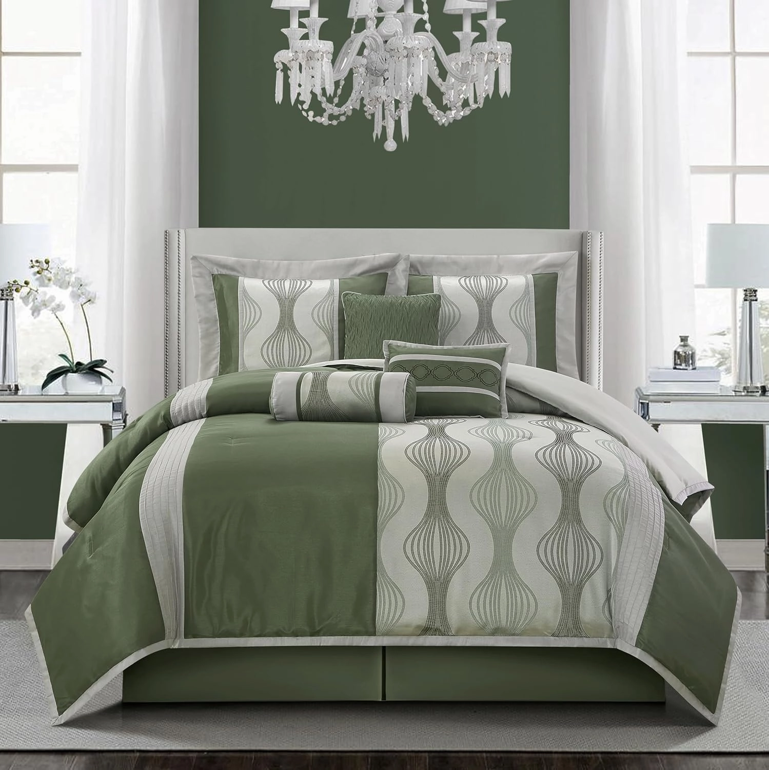 Grand Avenue 7 Piece Green Comforter Set, King Size Jacquard Bedding Set, All Season Geometric Patchwork Bedding Set, Matching Pillows, Shams, Bed Skirt