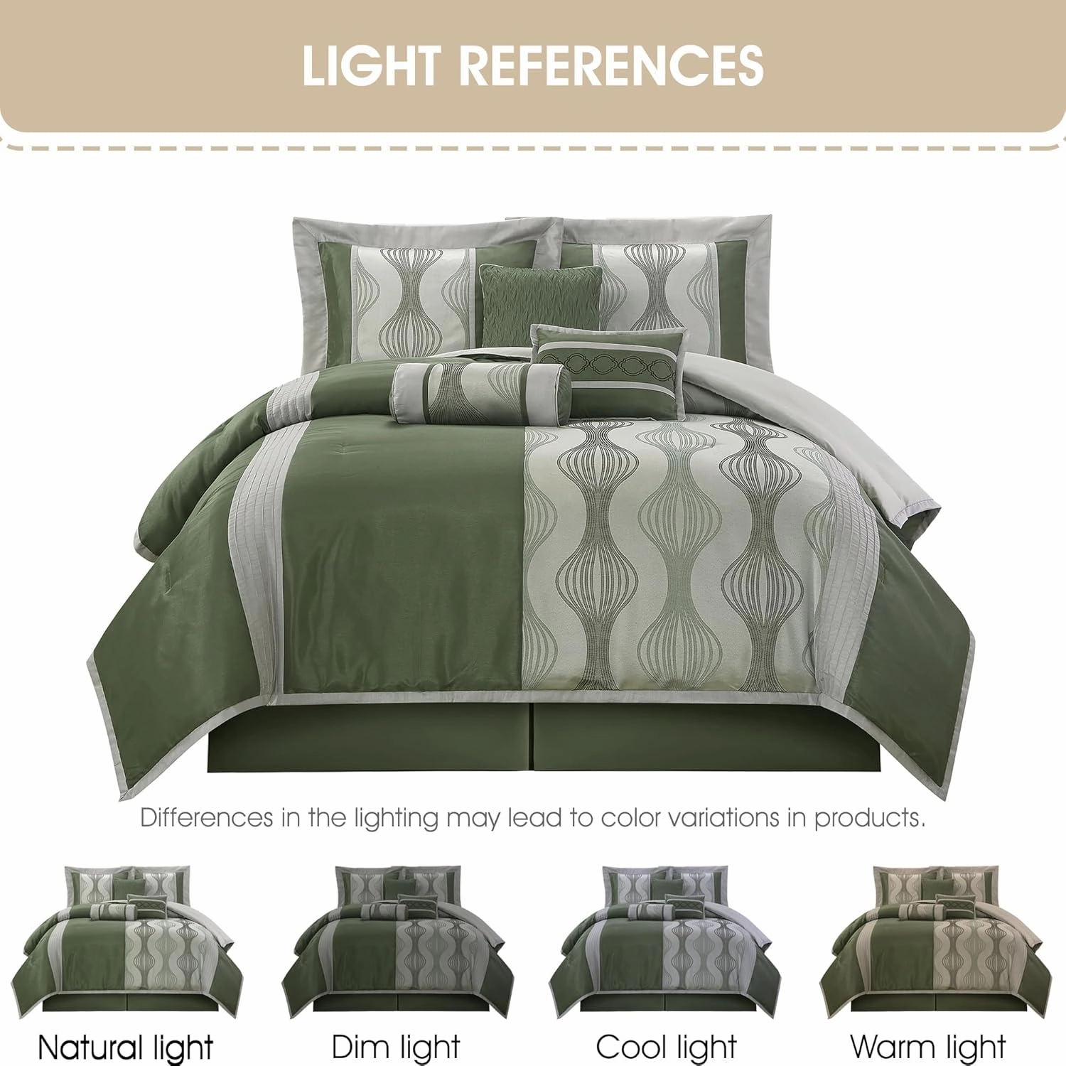 Grand Avenue 7 Piece Green Comforter Set, King Size Jacquard Bedding Set, All Season Geometric Patchwork Bedding Set, Matching Pillows, Shams, Bed Skirt