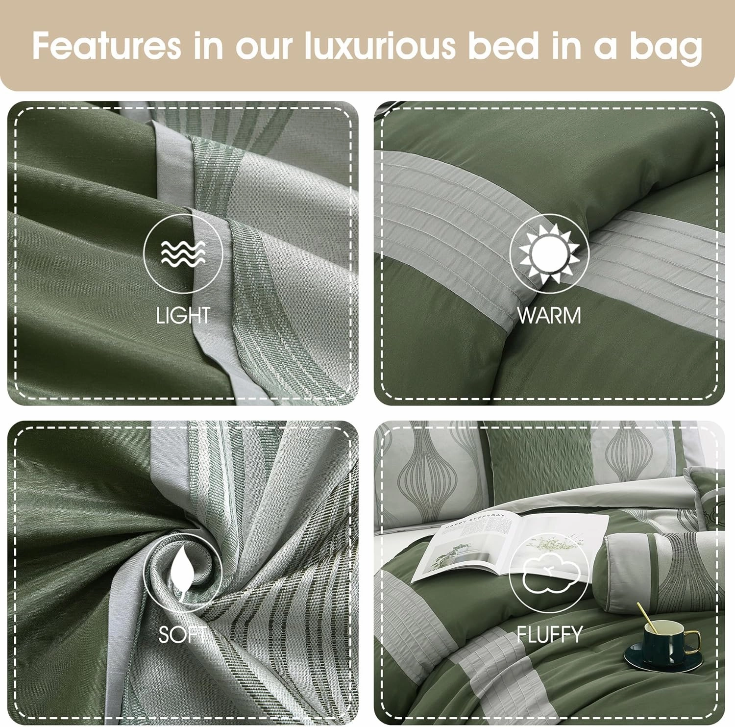 Grand Avenue 7 Piece Green Comforter Set, King Size Jacquard Bedding Set, All Season Geometric Patchwork Bedding Set, Matching Pillows, Shams, Bed Skirt
