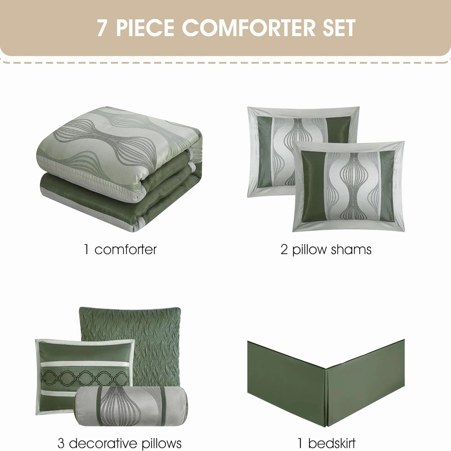 Grand Avenue 7 Piece Green Comforter Set, King Size Jacquard Bedding Set, All Season Geometric Patchwork Bedding Set, Matching Pillows, Shams, Bed Skirt
