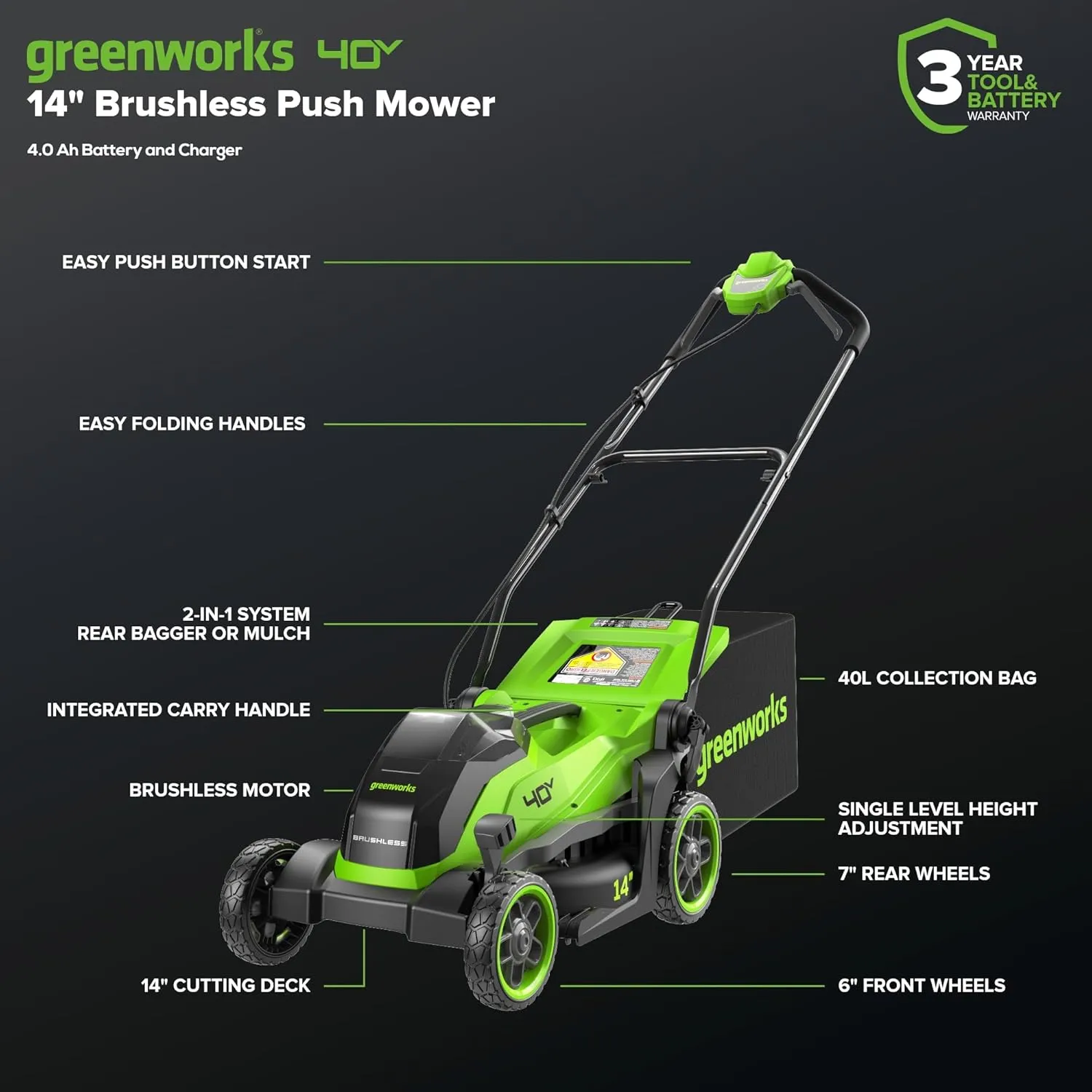 Greenworks 40V 14”​ Brushless (Push) Cordless Lawn Mower, 4.0Ah Battery and Charger