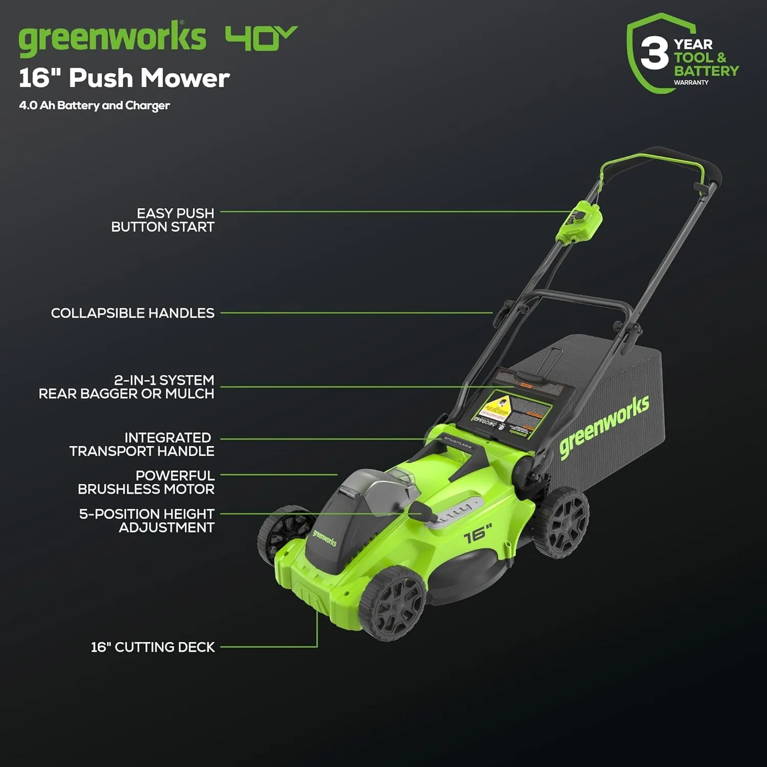 Greenworks 40V 16" Brushless Cordless (Push) Lawn Mower (75  Compatible Tools), 4.0Ah Battery and Charger Included