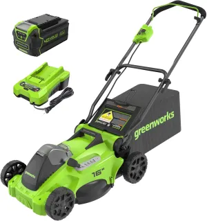 Greenworks 40V 16" Brushless Cordless (Push) Lawn Mower (75  Compatible Tools), 4.0Ah Battery and Charger Included