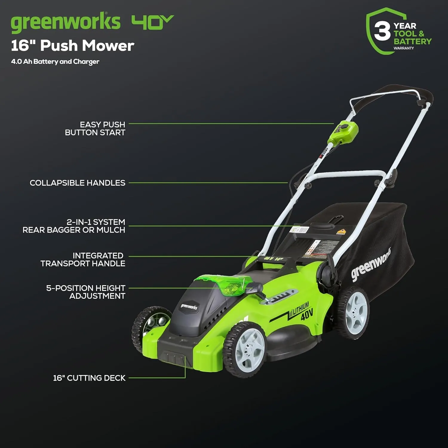 Greenworks 40V 16" Cordless (Push) Lawn Mower (75  Compatible Tools), 4.0Ah Battery and Charger Included