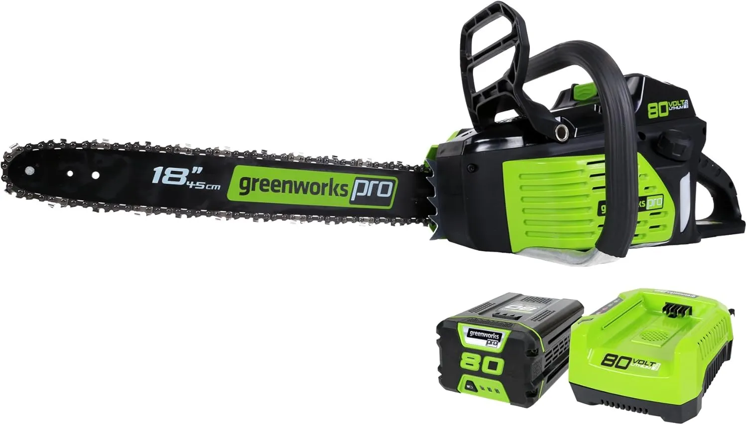Greenworks 80V 18" Brushless Cordless Chainsaw (Great For Tree Felling, Limbing, Pruning, and Firewood) / 75  Compatible Tools), 2.0Ah Battery and Rapid Charger Included