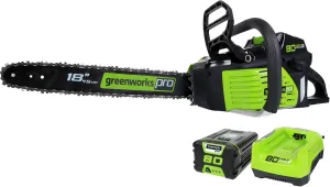 Greenworks 80V 18" Brushless Cordless Chainsaw (Great For Tree Felling, Limbing, Pruning, and Firewood) / 75  Compatible Tools), 2.0Ah Battery and Rapid Charger Included