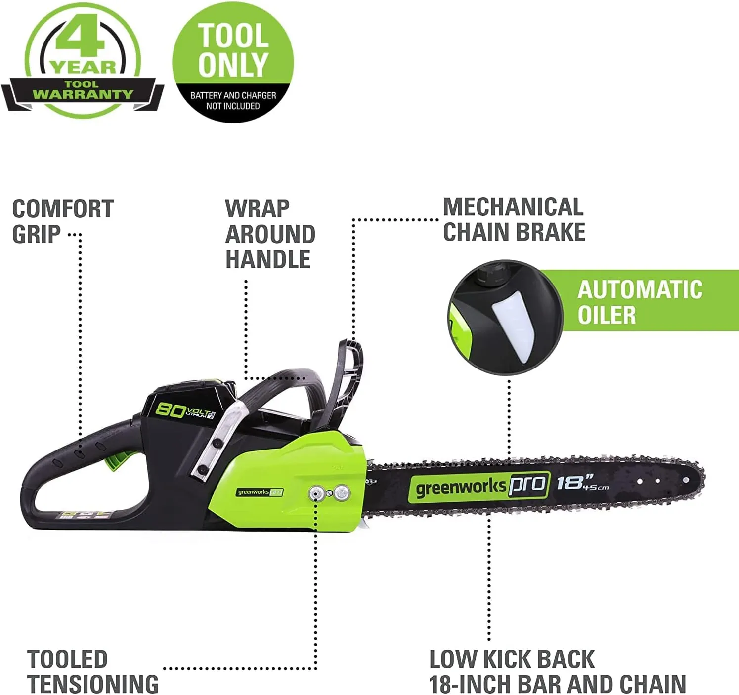 Greenworks 80V 18" Brushless Cordless Chainsaw (Great for Tree Felling, Limbing, Pruning, and Firewood) / 75  Compatible Tools), Tool Only - Battery & Charger Not Included