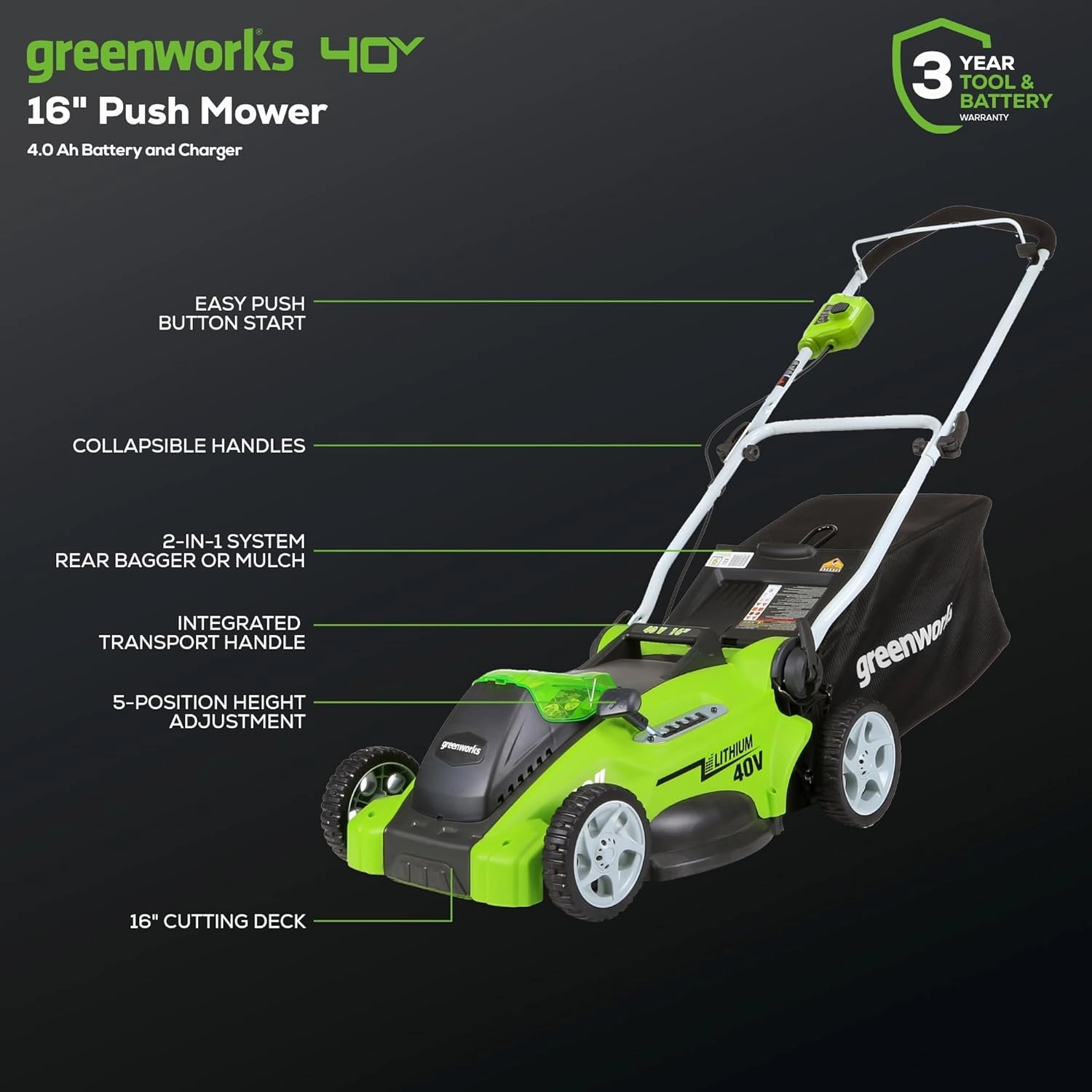 Greenworks 40V 16" Cordless (Push) Lawn Mower (75  Compatible Tools), 4.0Ah Battery and Charger Included
