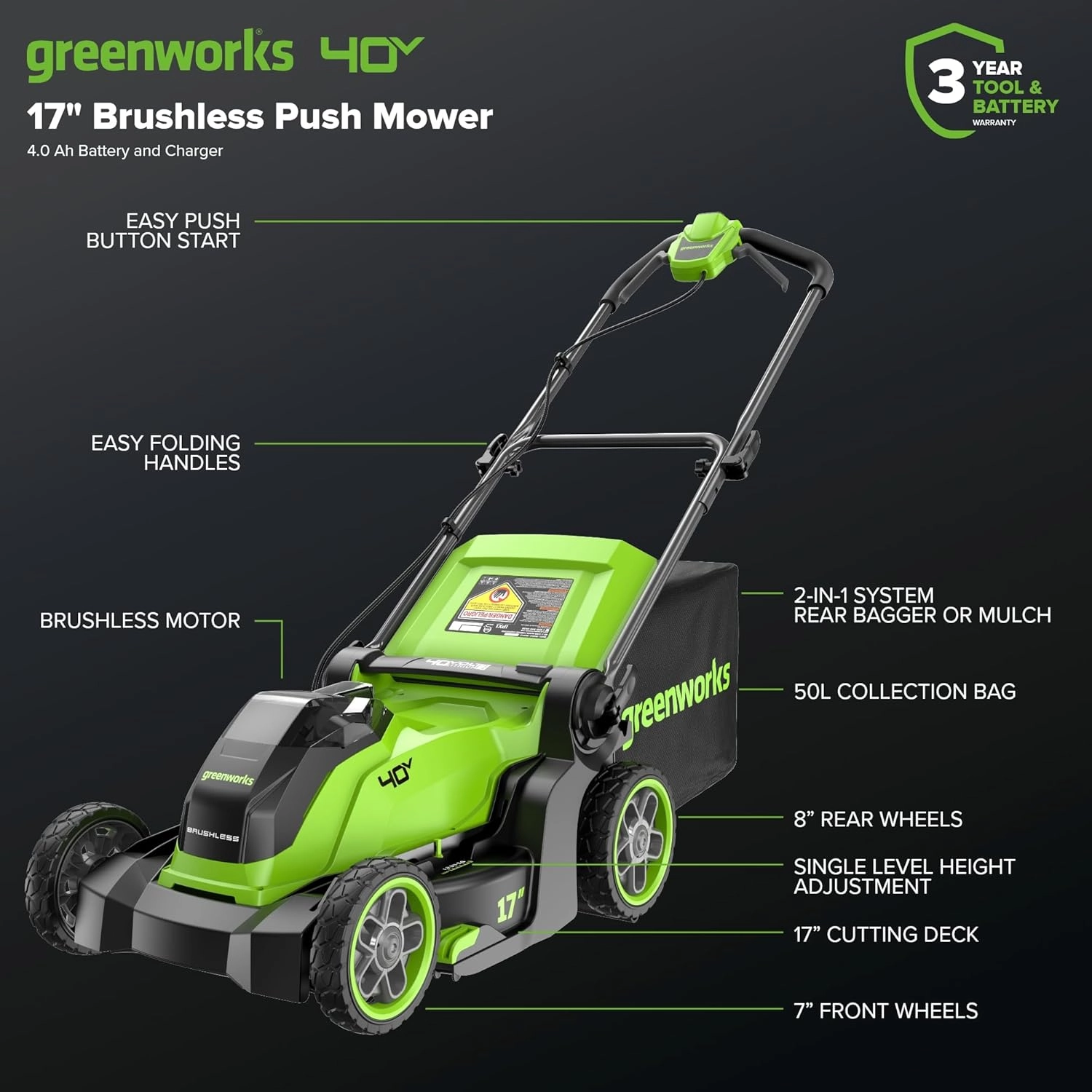 Greenworks 40V 17”​ Brushless (Push) Cordless Lawn Mower, 4.0Ah Battery and Charger