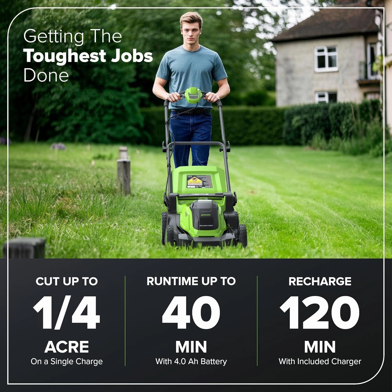 Greenworks 40V 17”​ Brushless (Push) Cordless Lawn Mower, 4.0Ah Battery and Charger