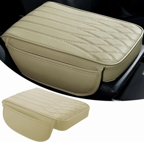 gunhunt 1 PC Car Armrest Cover, Leather Center Console Protector, 12.59" x 8.46" x 1.77" Armrest Pad, Armrest Pad with Pocket, Automotive Decoration,for Most Cars, Trucks, SUVs (Beige)