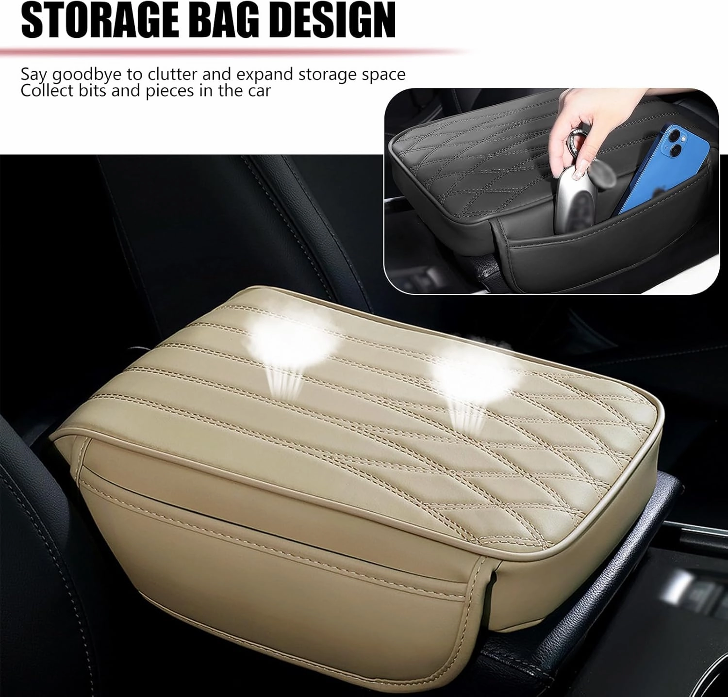 gunhunt 1 PC Car Armrest Cover, Leather Center Console Protector, 12.59" x 8.46" x 1.77" Armrest Pad, Armrest Pad with Pocket, Automotive Decoration,for Most Cars, Trucks, SUVs (Beige)