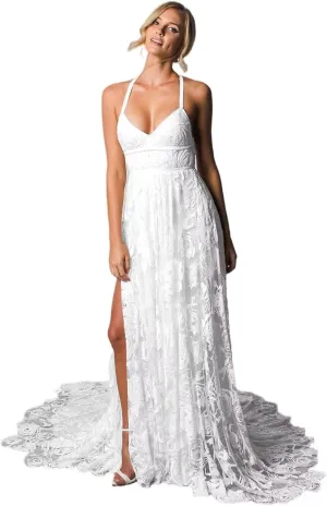 Guramisi Spaghetti Straps Boho Wedding Dresses for Bride 2024 Laces Applique Beach A Line Bridal Gowns for Wedding