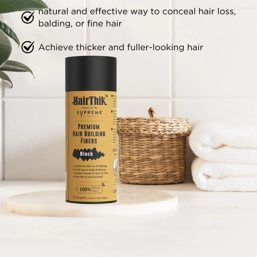 Hair Building Fibers 8-in-1 Kit | includes 25G Keratin Fibers, Pump Nozzle, 2 Hairline Cards, S&L Shaker, Brush, Wipes, Mirror | Conceal Thicken Thinning Balding Hair | Men & Women (Black)