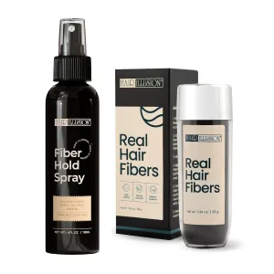 Hair Illusion Brown Real Hair Fibers and Fiber Holding Spray Bundle for Thinning Hair - 100% Natural Texture, Non Synthetic Hair Fibers - Bald Spot Cover Up for Women & Men - 38 Gram