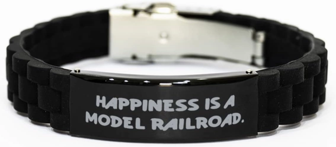 Happiness is a Model. Black Glidelock Clasp Bracelet, Model Railroads Present from Friends, Joke Engraved Bracelet for Friends, Model Trains, Train Set, Toy Trains, Gift for Train Lover, Gift for