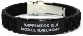 Happiness is a Model. Black Glidelock Clasp Bracelet, Model Railroads Present from Friends, Joke Engraved Bracelet for Friends, Model Trains, Train Set, Toy Trains, Gift for Train Lover, Gift for