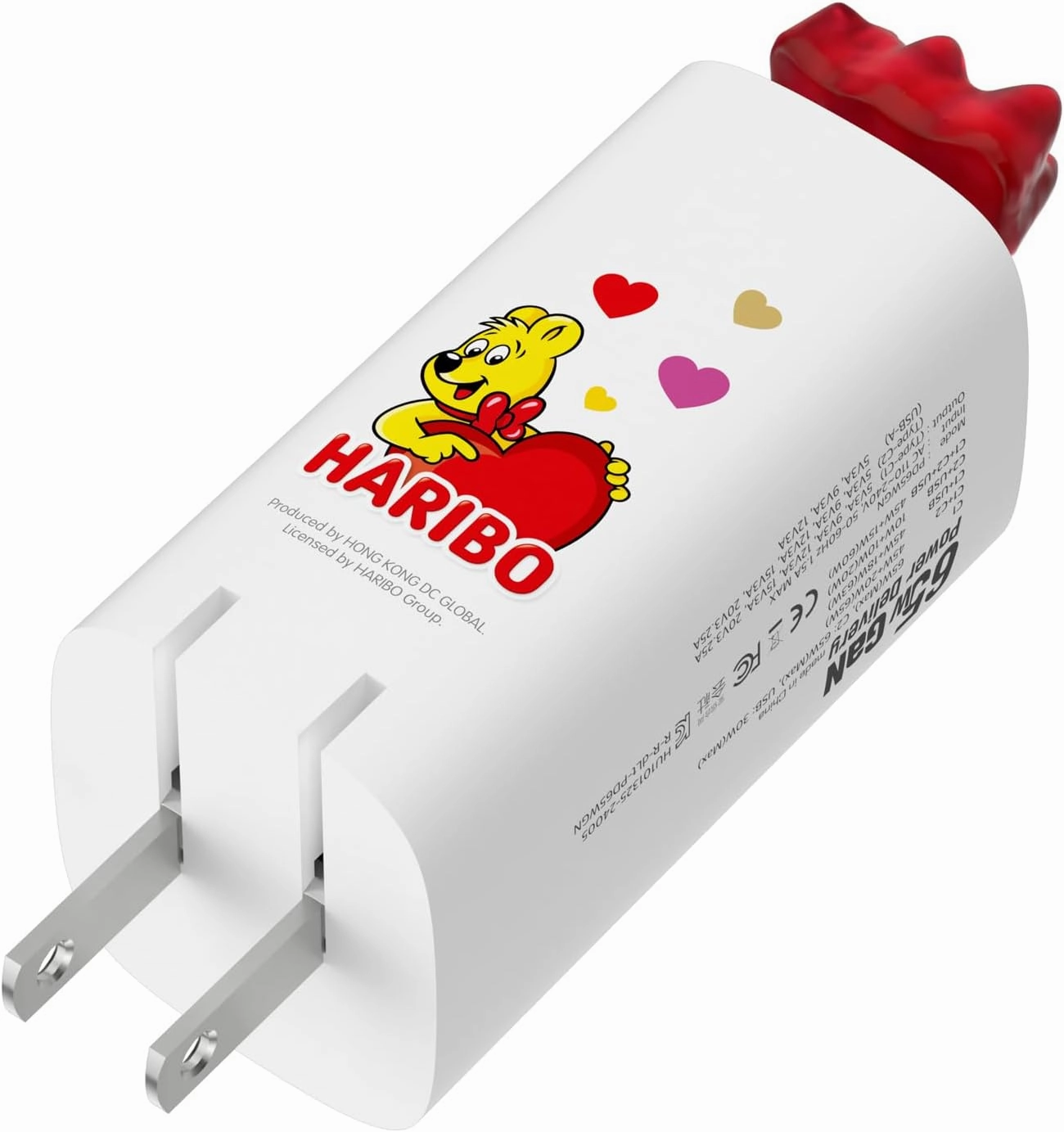 Haribo 65W GaN Wall Charger, PD & QC 3.0 Fast Charging Block, 3-Port USB-C/USB-A Adapter, Gummy Bear Style for iPhone, Galaxy, Pixel, iPad, Earbuds, Switch, Motorola, Kindle