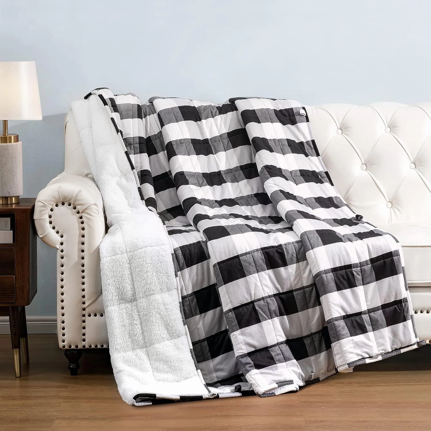 HBlife Sherpa Fleece Weighted Blanket for Adults, Oeko-Tex Certified 10 lbs Thick Fuzzy Bed Blanket, Heavy Reversible Soft Fluffy Plush Blanket with Premium Glass Beads 50X60 Inches, Plaid Black