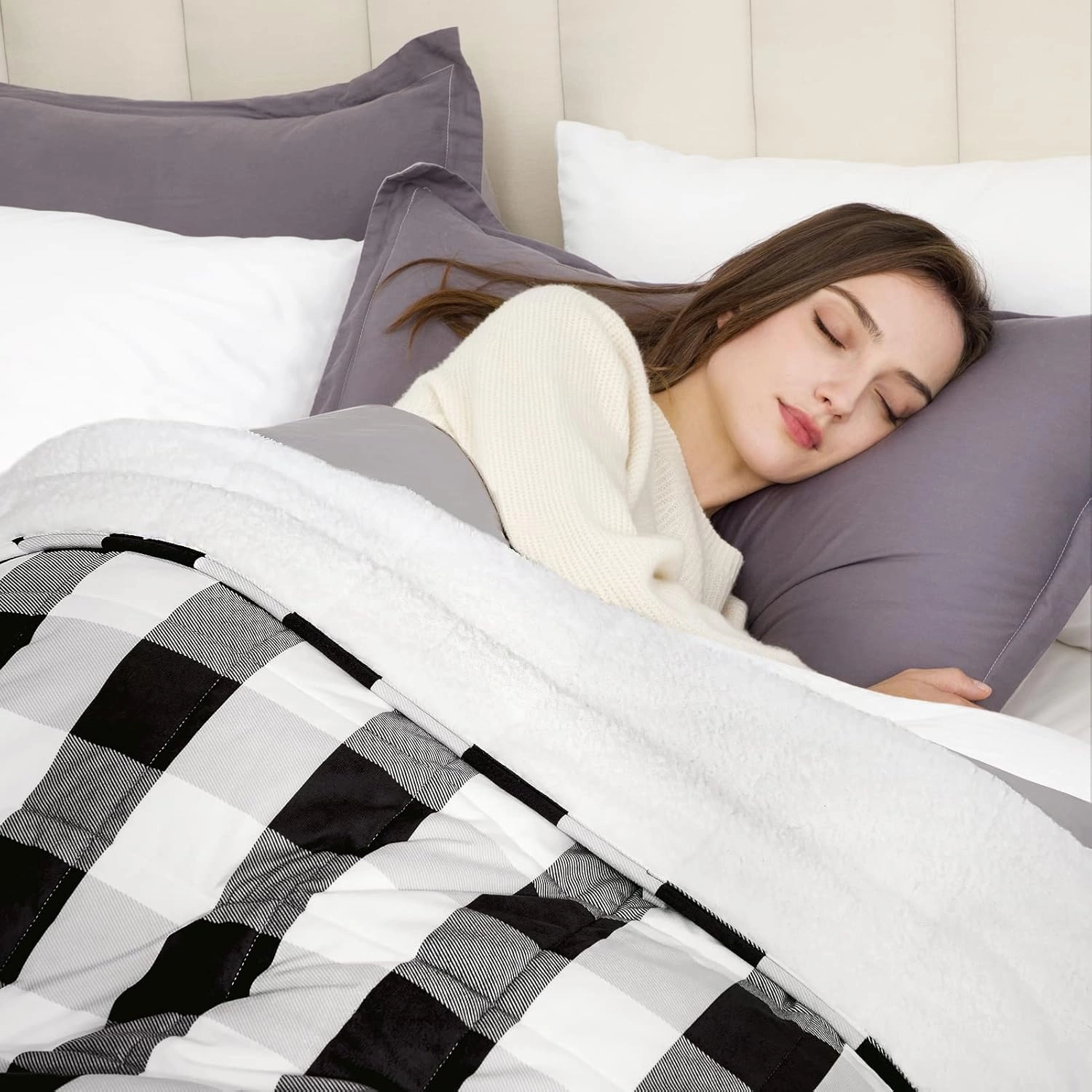 HBlife Sherpa Fleece Weighted Blanket for Adults, Oeko-Tex Certified 10 lbs Thick Fuzzy Bed Blanket, Heavy Reversible Soft Fluffy Plush Blanket with Premium Glass Beads 50X60 Inches, Plaid Black