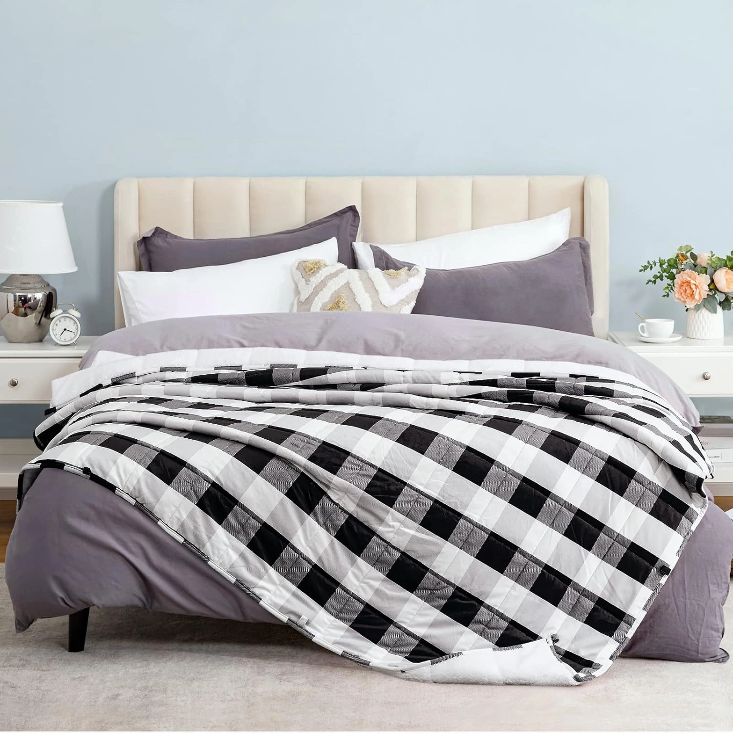 HBlife Sherpa Fleece Weighted Blanket for Adults, Oeko-Tex Certified 10 lbs Thick Fuzzy Bed Blanket, Heavy Reversible Soft Fluffy Plush Blanket with Premium Glass Beads 50X60 Inches, Plaid Black