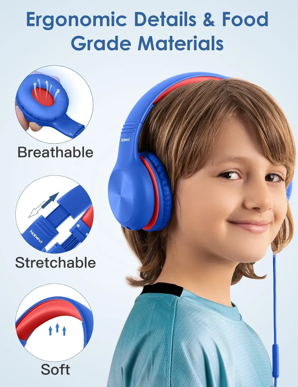 Headphones for Kids for School, Kids Headphones with Microphone, Sharing Function, 85dB/94dB Safe Volume Limit, Over Ear Kid Headphone for School, On-line Study, Travel, Glaze Blue