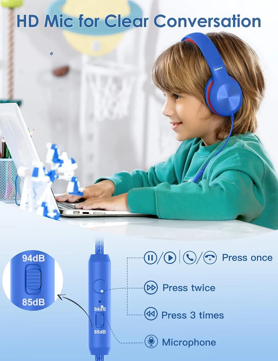Headphones for Kids for School, Kids Headphones with Microphone, Sharing Function, 85dB/94dB Safe Volume Limit, Over Ear Kid Headphone for School, On-line Study, Travel, Glaze Blue