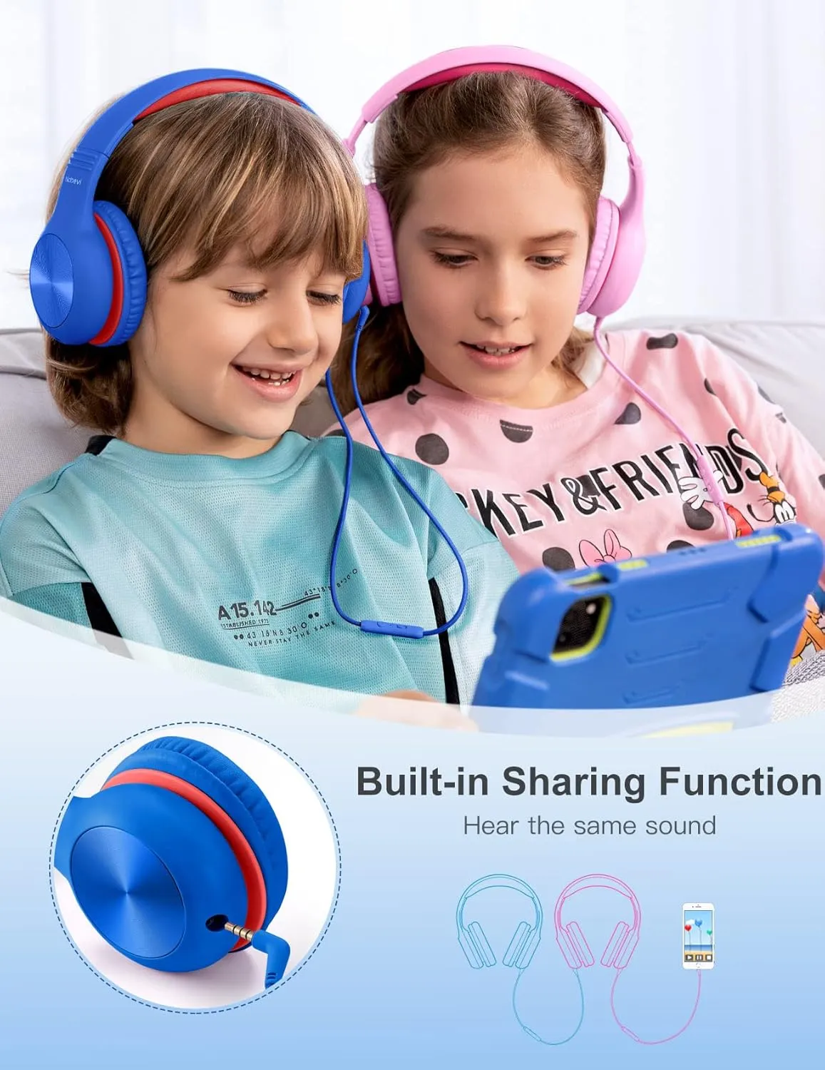 Headphones for Kids for School, Kids Headphones with Microphone, Sharing Function, 85dB/94dB Safe Volume Limit, Over Ear Kid Headphone for School, On-line Study, Travel, Glaze Blue