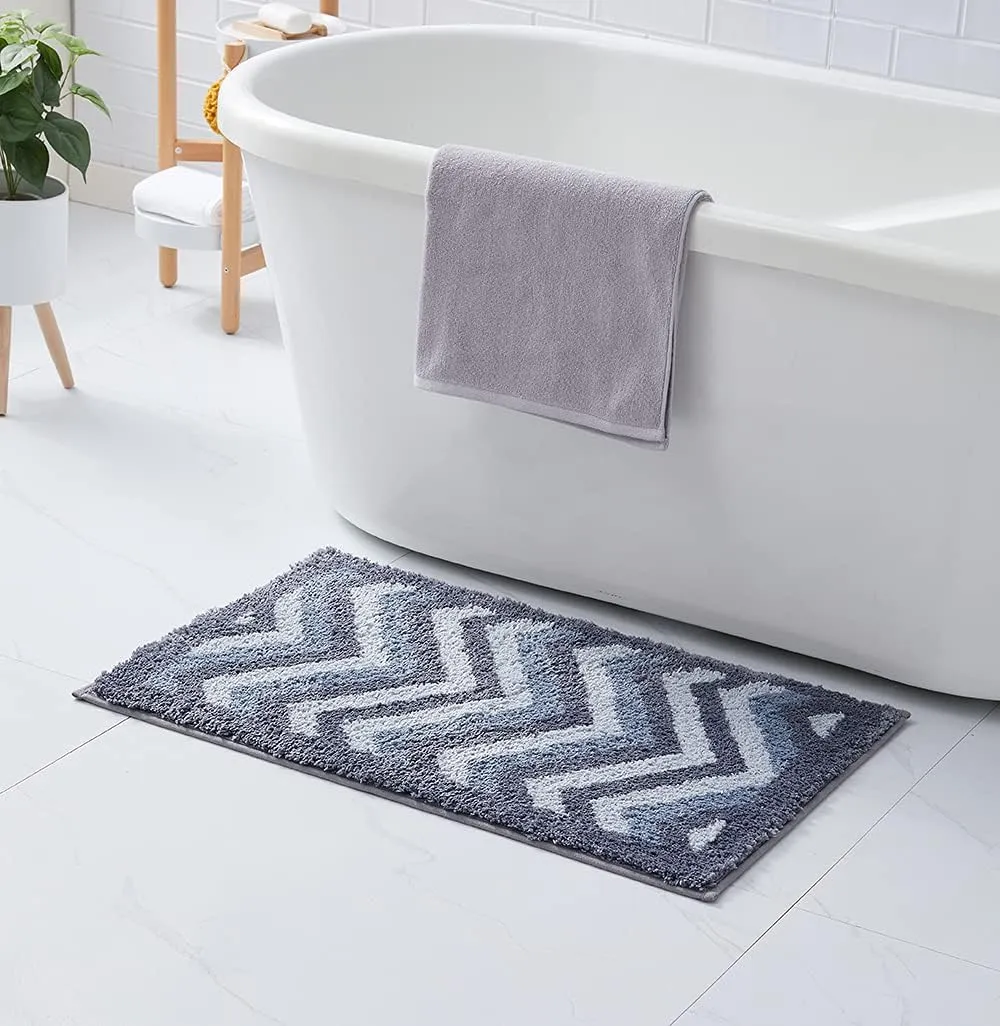 Hearth & Harbor Bathroom Rugs, Shaggy Plush Bath Mat, Ultra Soft Non Slip Backing Rubber, Chevron Design Bath Rug, Blue/Grey, 20 x 32 Inch