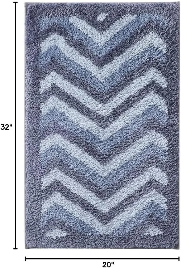 Hearth & Harbor Bathroom Rugs, Shaggy Plush Bath Mat, Ultra Soft Non Slip Backing Rubber, Chevron Design Bath Rug, Blue/Grey, 20 x 32 Inch