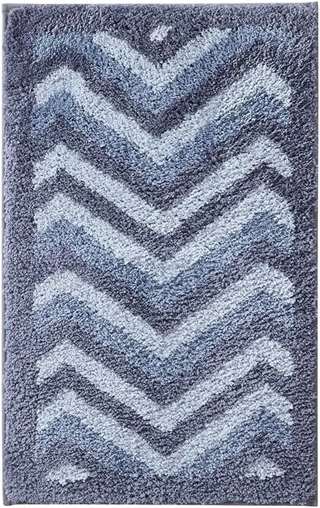 Hearth & Harbor Bathroom Rugs, Shaggy Plush Bath Mat, Ultra Soft Non Slip Backing Rubber, Chevron Design Bath Rug, Blue/Grey, 20 x 32 Inch