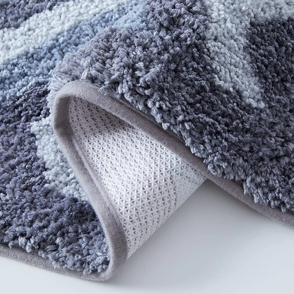 Hearth & Harbor Bathroom Rugs, Shaggy Plush Bath Mat, Ultra Soft Non Slip Backing Rubber, Chevron Design Bath Rug, Blue/Grey, 20 x 32 Inch