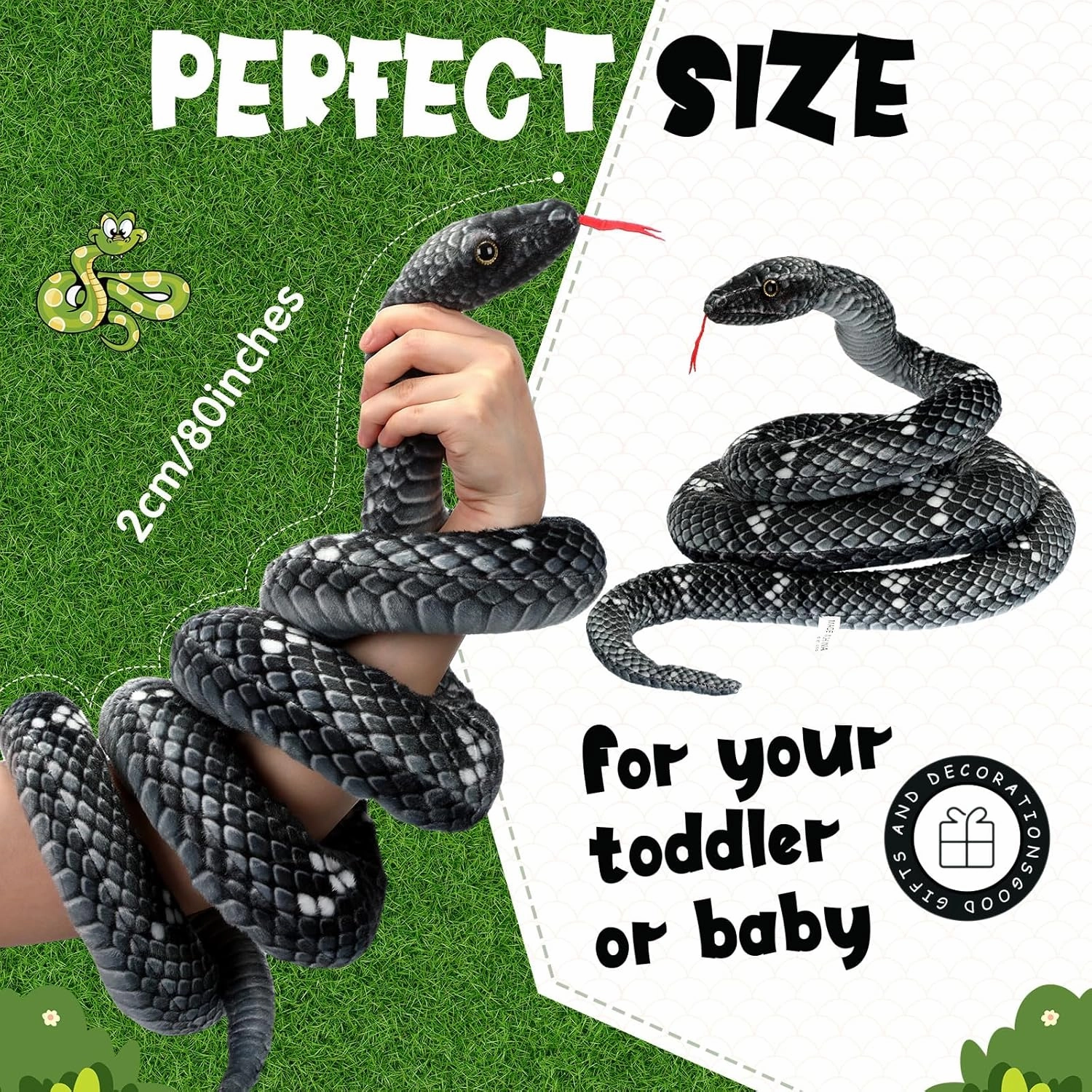 Hiboom Giant Snake Plush Large Stuffed Animal Realistic Stuffed Lifelike Snake Toy Gifts for Birthday Party Decoration Easter Carnival Prank Props(71 Inch,Black, Gray)