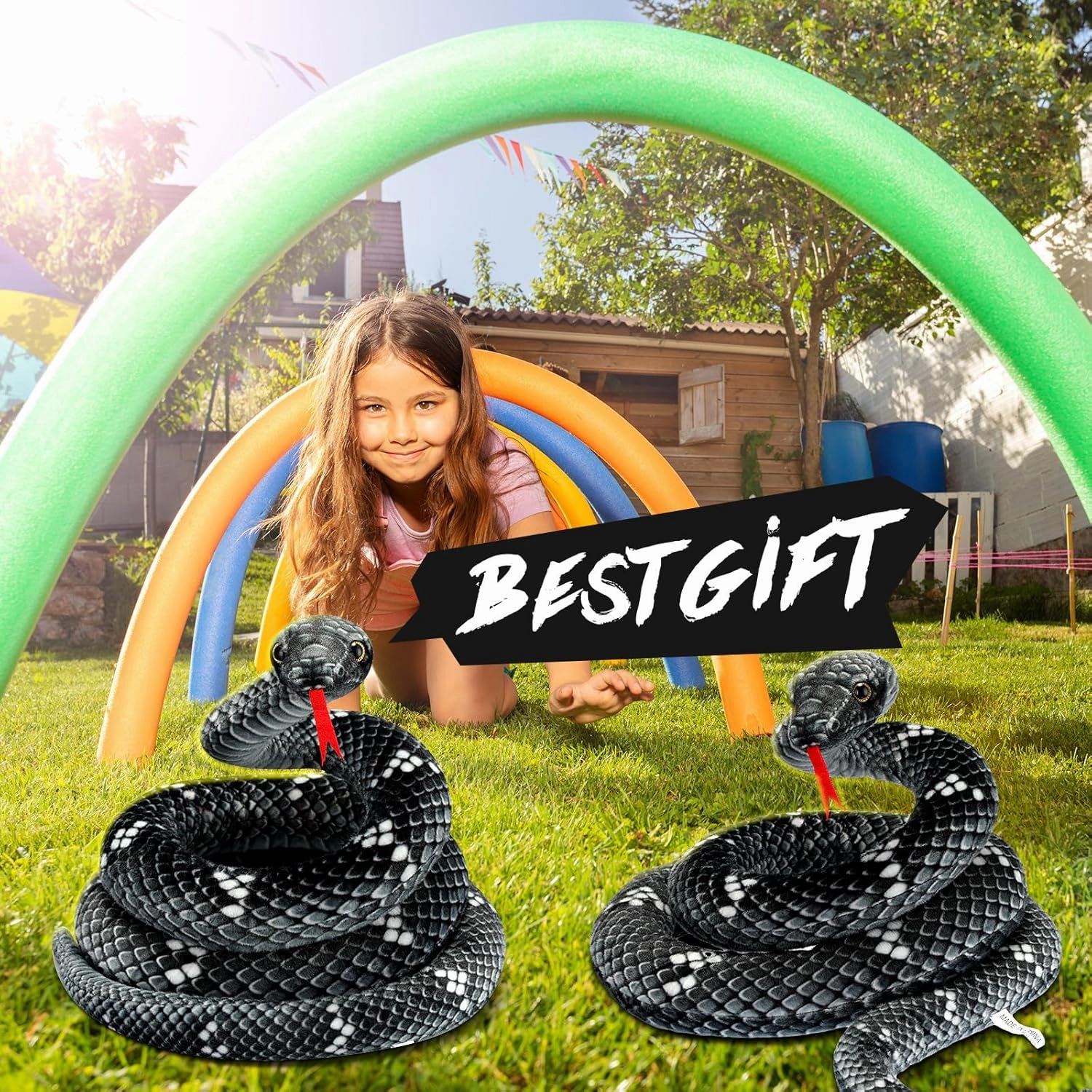Hiboom Giant Snake Plush Large Stuffed Animal Realistic Stuffed Lifelike Snake Toy Gifts for Birthday Party Decoration Easter Carnival Prank Props(71 Inch,Black, Gray)