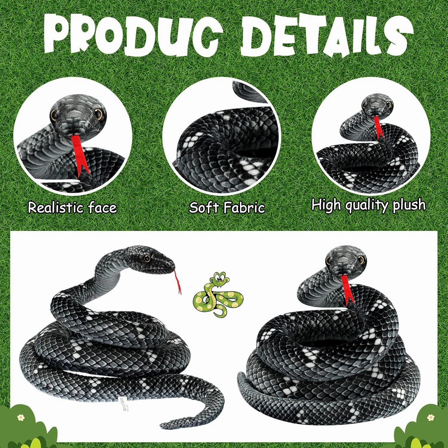 Hiboom Giant Snake Plush Large Stuffed Animal Realistic Stuffed Lifelike Snake Toy Gifts for Birthday Party Decoration Easter Carnival Prank Props(71 Inch,Black, Gray)