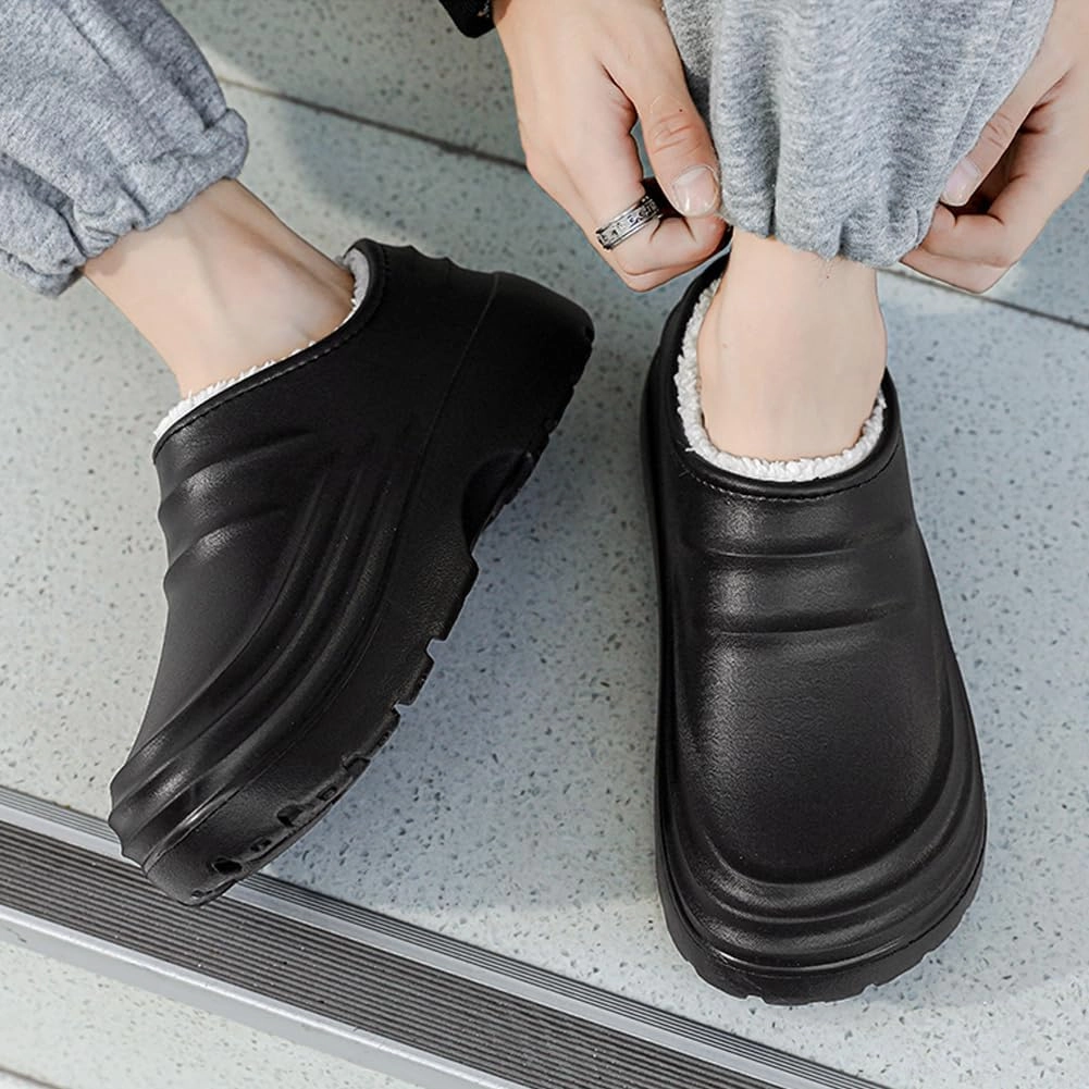 HiGropcore Fur Lined Platform Clogs, Waterproof Winter Clog Slippers for Women Men, Slip-Resistant Easy Clean Kitchen Shoes