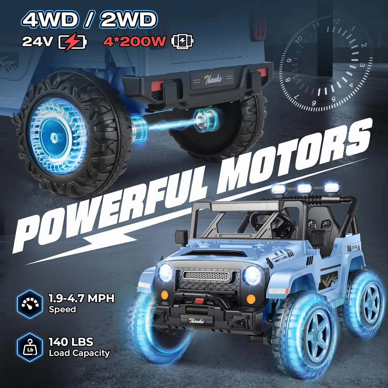 Hikole 24V Ride on Cars w/Remote Control, 2 Wide Seats Design, Kids' Electric Vehicles, 4×4 Powerful Engines, Soft Start/Brake, LED Front&Tail Lights, Bluetooth, USB, Music Player, Gray Blue