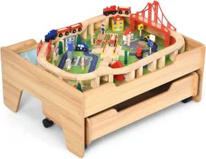 HONEY JOY Train Table, Wooden Kids Activity Table with Storage Drawer, 100 Multicolor Pieces, Tracks, Trains, Cars, Toddler Train Table Set, Gift for Boys Girls Age 3 , Natural