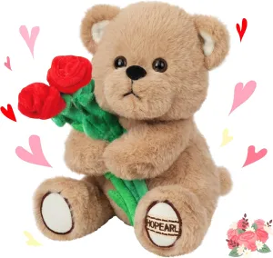 Hopearl Adorable Bear with 2 Rose Plush Toy Teddy Bear Hold Flowers Stuffed Animal Wedding Valentine's Day Gift for Girl, 10''