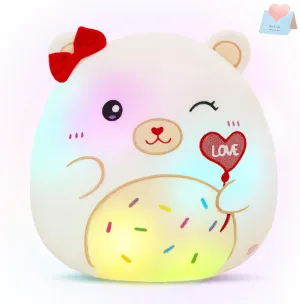 Houwsbaby 12" White Teddy Bear LED Light-Up Plush Pillow Teddy Bear Throw Pillow with Heart Balloon and Red Bow, Soft Stuffed Toy Gift for Holiday Decorations