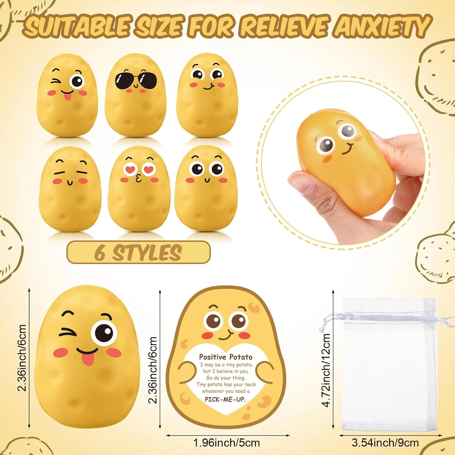 HyDren 24 Sets Appreciation Gift Bulk Father Employee Potato Stress Ball Emotional Foam Stretchy Ball with Inspirational Card Bag Stress Relief Thank You Gift for Nurse Assistant Coworker Teacher