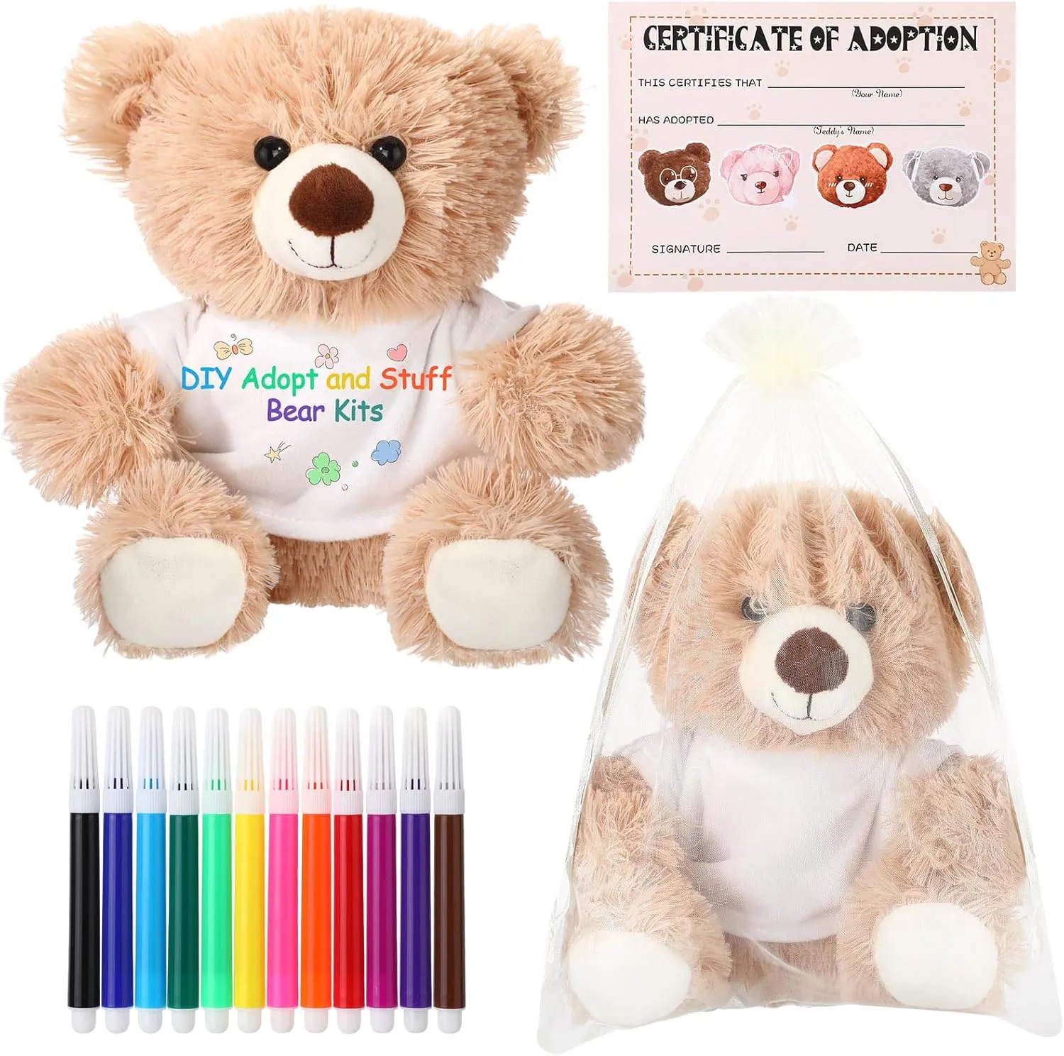 HyDren DIY Bear Stuffed Animal Set Adopt and Stuff Bear Kit 10 Inch Soft Plush with White Clothes Adoption Card DIY Brush for Adopt a Pet Party Favors Classroom Supplies Baby Shower Birthday Party