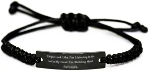I Might Look Like I'm Listening to You. Black Rope Bracelet, Model Railroads Engraved Bracelet, for Model Railroads, Model Trains, Train Set, Toy Trains, Gift for Train Lover, Gift for