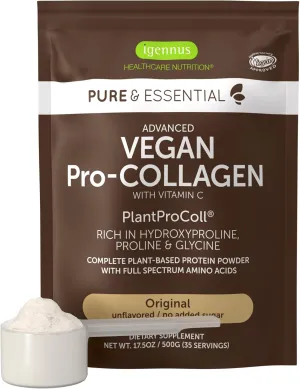 Igennus Vegan Collagen Peptide Powder, Enhanced with Glycine, Proline & Hydroxyproline & Cofactor Vitamin C, Non GMO, Complete Vegetarian Plant Based Collagen Powder Booster, 35 Servings