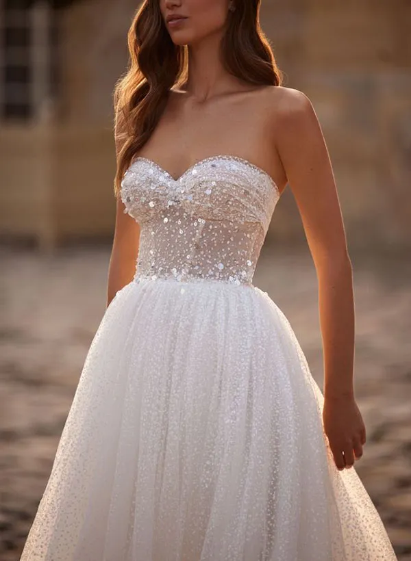 Illusion Neck A Line Wedding Dress with Long Sleeves and Sweep Train in Tulle/Sequined